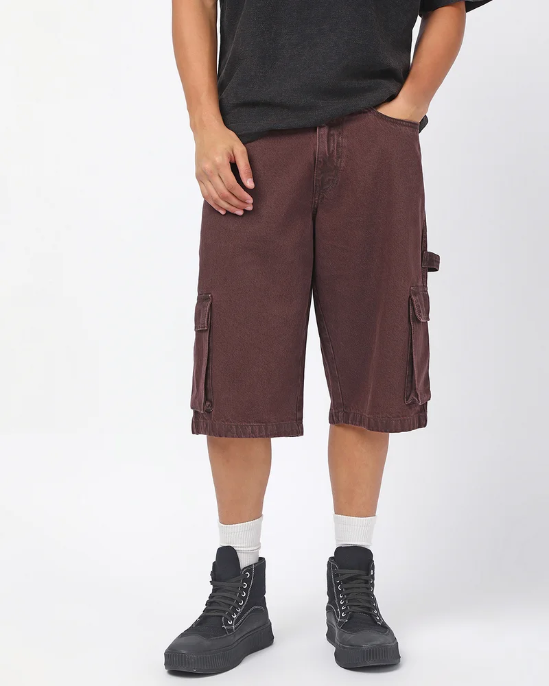 bewakoof Men's Brown Washed Baggy Fit Cargo Carpenter Shorts